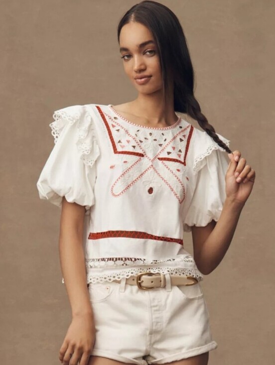 Anthropologie Tops - White Eyelet Puff-Sleeve Cutwork Top with Red Embroidery * L * NWT * Retail 118